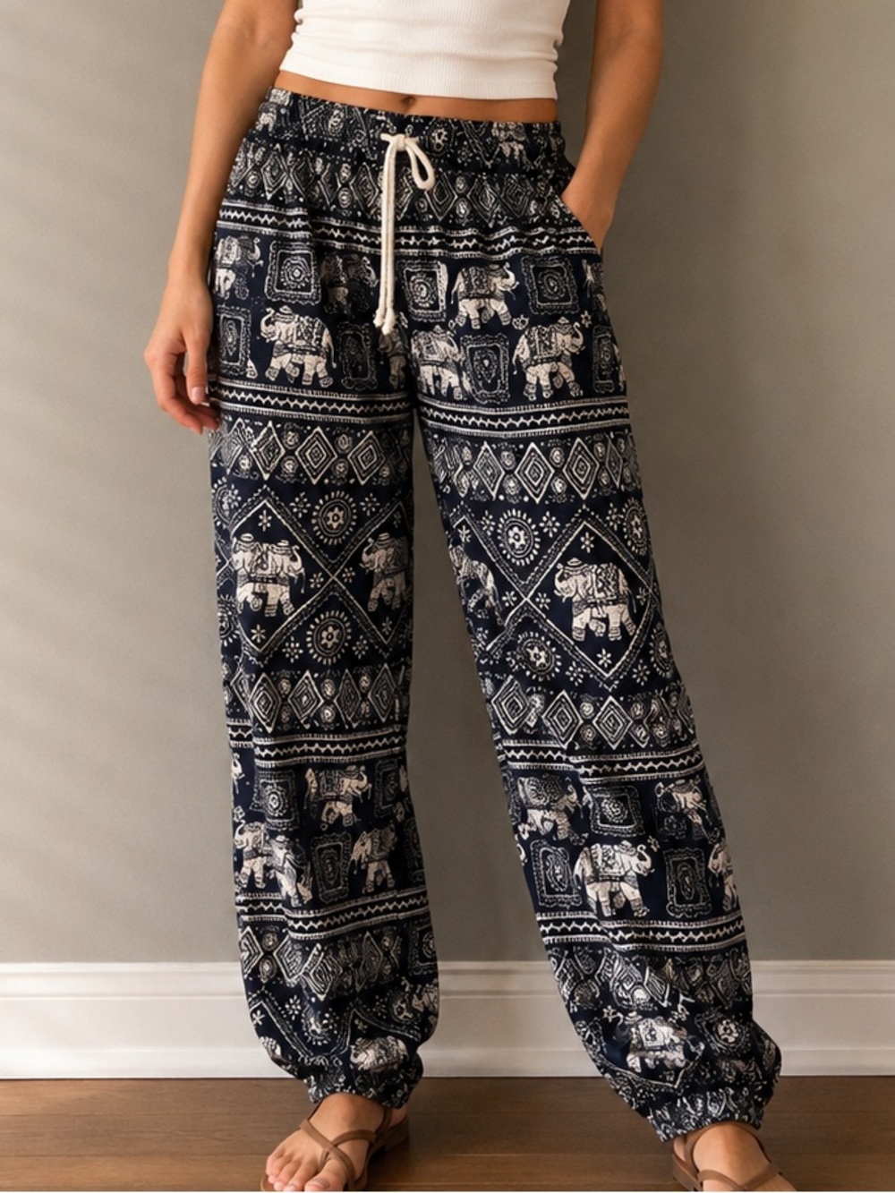 BohoTusk Black White Elephant Print Harem Jogger Pants Rayon